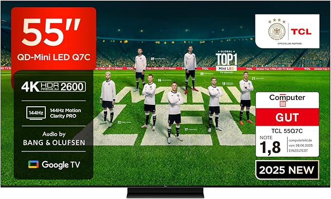 TCL 55Q7C QLED Mini LED Fernseher, 55 Zoll, 4K HDR Premium, Dolby Vision IQ & Atmos, Smart TV mit Google TV, Bang & Olufsen 6.2.2 Sound, 144Hz VRR, AMD FreeSync Premium Pro, HDMI 2.1, AirPlay 2, Alexa