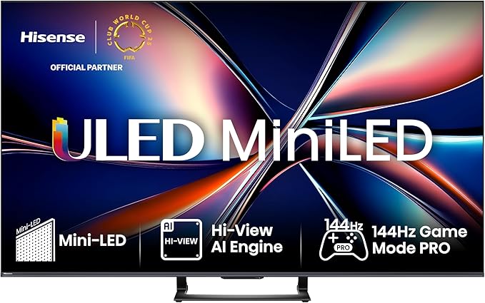 Hisense 65U7Q Fernseher 65 Zoll, 4K Mini LED ULED, Smart TV, Hi-View AI Engine, 144Hz Game Mode Pro, FreeSync Premium, Built in Subwoofer, Dolby Vision IQ Atmos, Airplay, Sprachsteuerung[2025]